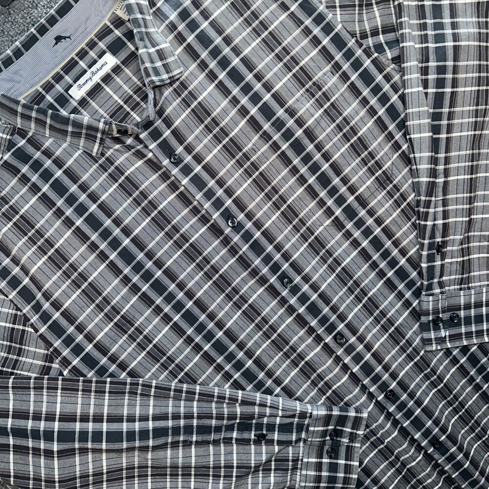 Tommy Bahama Dress Shirt Mens XLT Black Gray Plaid Button Up Cotton Silk